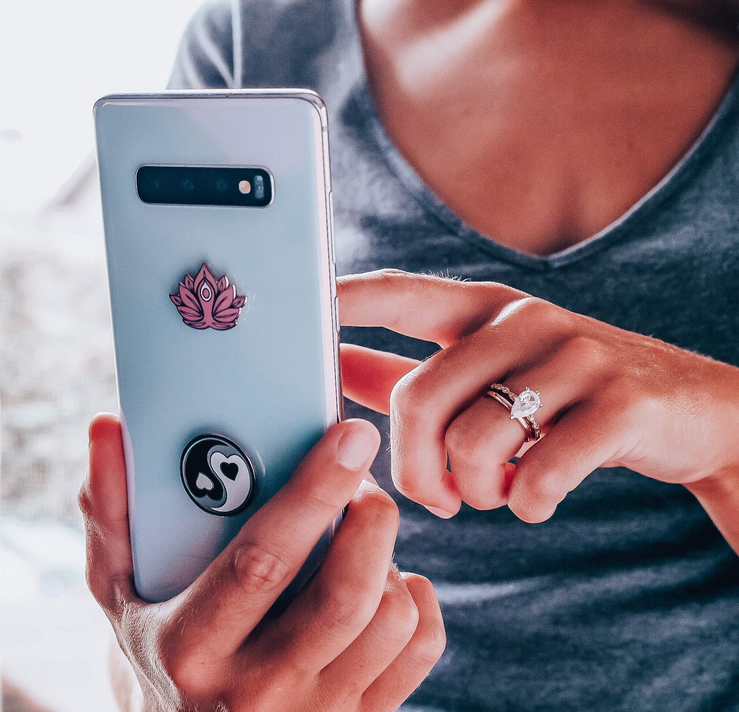 Metal Charm Stickers for Cell Phone Cases. Yin Yang and Pink Lotus Set of 2 Reusable & Removable Leaves No Residue. Symbols of Balance Harmony Love