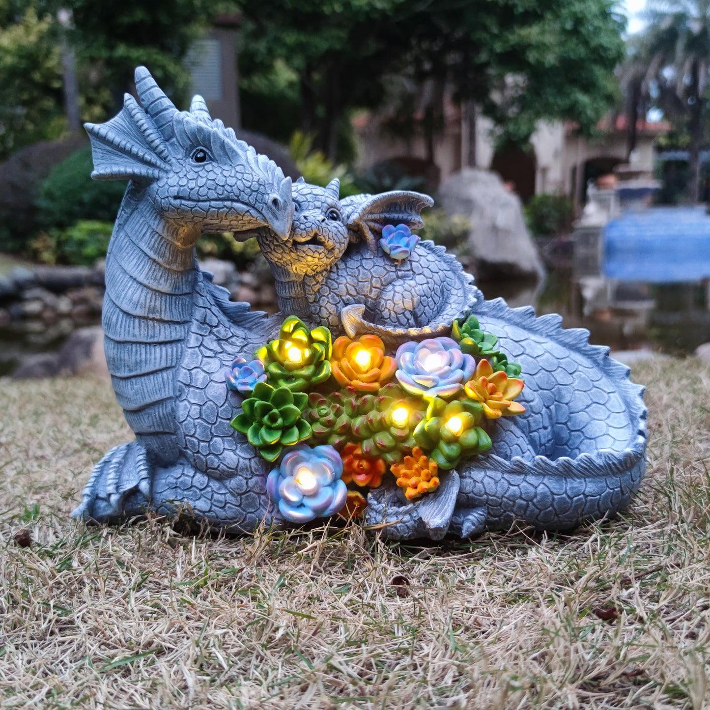 VIOYOUNS Solar Dragon Statue with LED Lights, Dargon Lover Gifts with Succulent and 6 LED Lights for Outdoor,Solar Dragon Decor for Yard, Garden