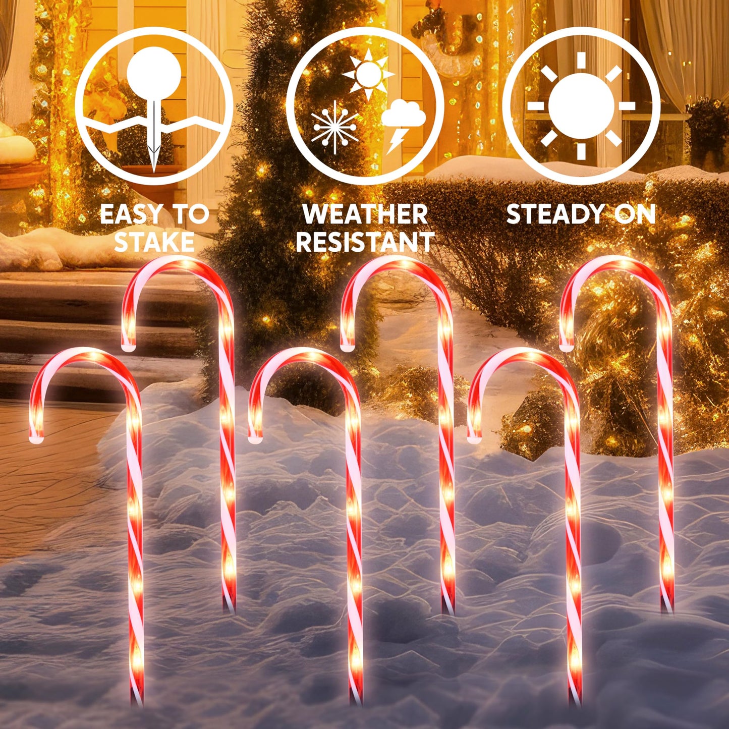 Joiedomi 12 Pcs Christmas Candy Cane Pathway Markers Lights, 16” Stakes Lights with Warm White, Waterproof Outdoor Decorations for Xmas Indoor