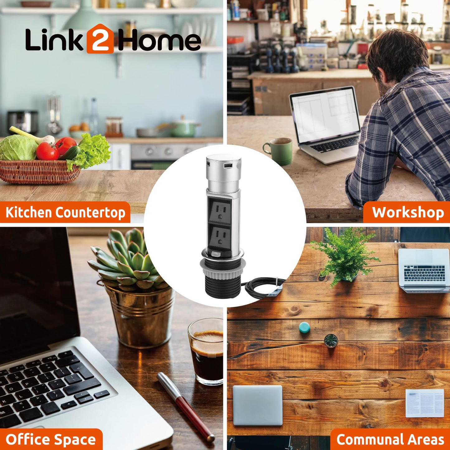 Link2Home 2 Pack Space Saver Pop Up Outlet Station with USB, 2 Power Outlets 15A, 2 USB Ports 2.4A Fast Charge Splash Resistant, Stainless-Steel