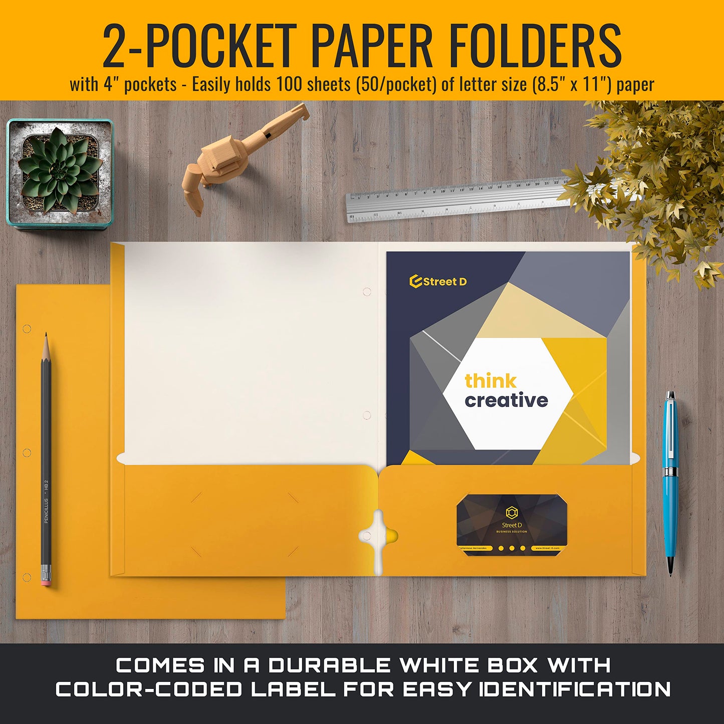 Better Office Products Two Pocket Portfolio Folders, 50-Pack, Dark Yellow, Letter Size Paper Folders, 50 Pieces, Dark Yellow