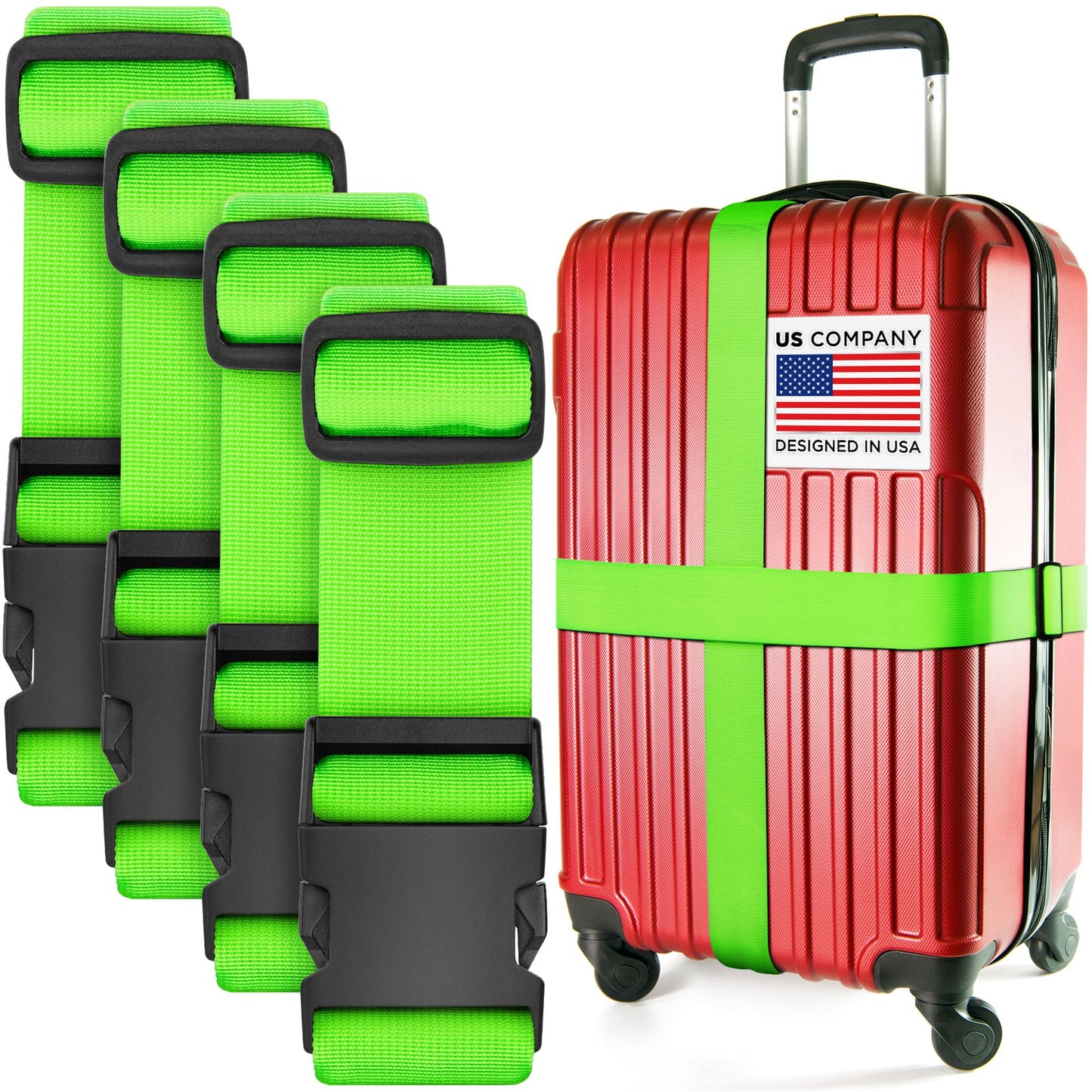 TSA Approved Luggage Straps – 4 Pack Neon Green Adjustable Nylon Suitcase Belts for Travel Bags, Briefcases & Checked Luggage (46"-78")