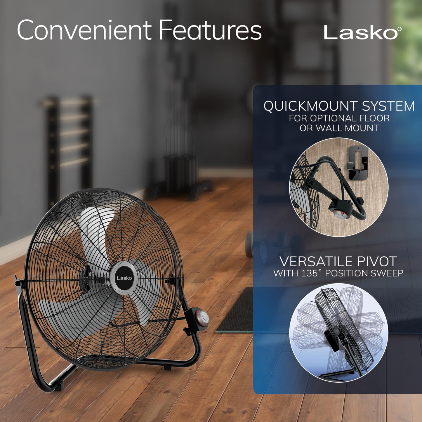 Lasko High Velocity Wall Mount and Floor Fan - 20" - 2264QM - Black