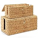 Posprica Cable Management Box with Lid, 2Pack Handwoven Real Water Hyacinth Cord Hider Organizer Boxes, 2 Side Open Slots Storage Box to Hide Cords