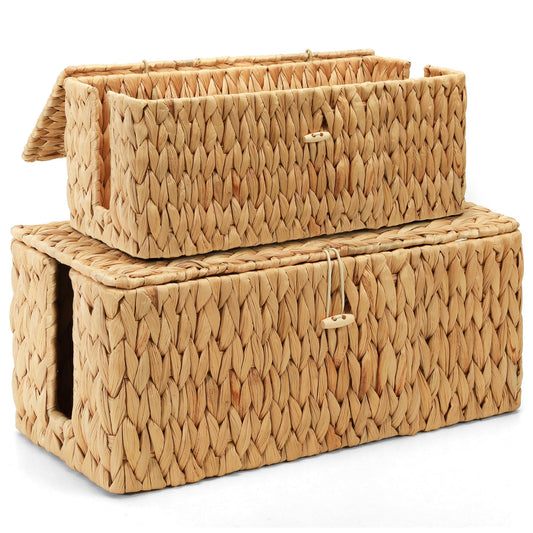 Posprica Cable Management Box with Lid, 2Pack Handwoven Real Water Hyacinth Cord Hider Organizer Boxes, 2 Side Open Slots Storage Box to Hide Cords