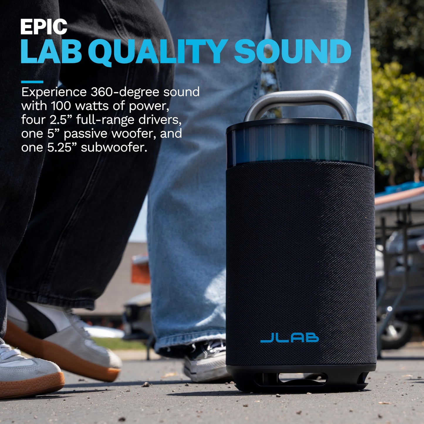 JLab Epic Party Portable Bluetooth Speaker, Black, 360-degree Sound with 100 Watts of Power, 16+ Hours of Playtime, Customizable RGB LED Lighting, Lab