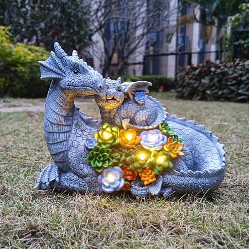 VIOYOUNS Solar Dragon Statue with LED Lights, Dargon Lover Gifts with Succulent and 6 LED Lights for Outdoor,Solar Dragon Decor for Yard, Garden