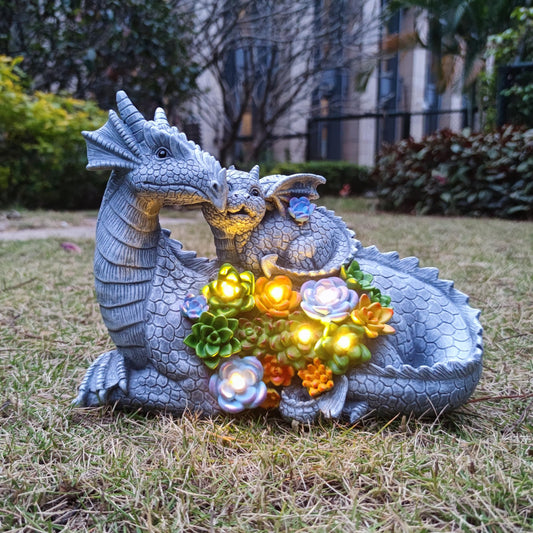 VIOYOUNS Solar Dragon Statue with LED Lights, Dargon Lover Gifts with Succulent and 6 LED Lights for Outdoor,Solar Dragon Decor for Yard, Garden