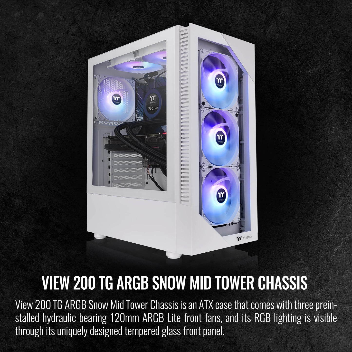 Thermaltake View 200 TG Snow ARGB Motherboard Sync ATX Tempered Glass Mid Tower Computer Case with 3x120mm Front ARGB Fan, CA-1X3-00M6WN-00