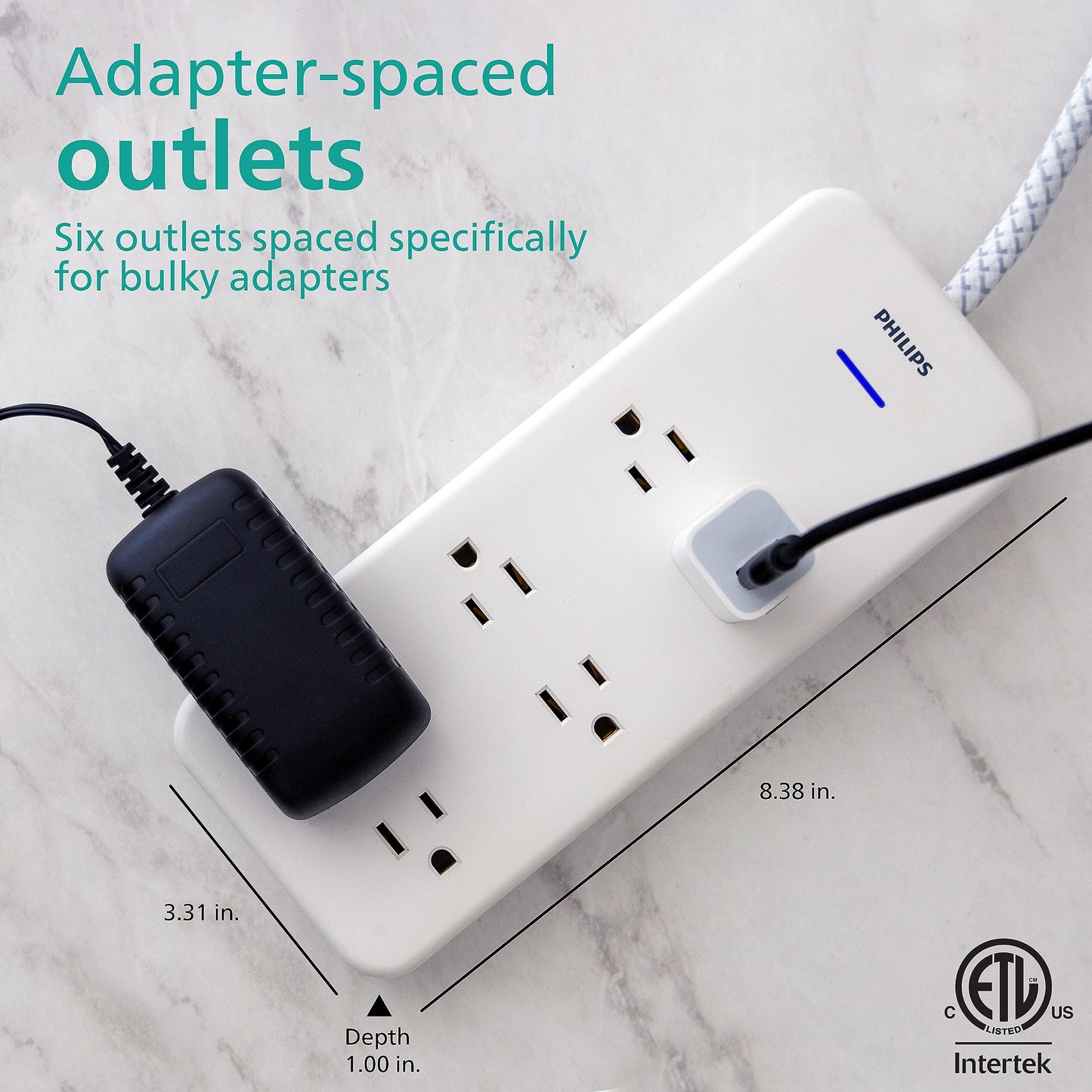 Philips 6-Outlet Surge Protector with Multiple Outlets, 8 Ft, Braided Cord,1080 Joules, Adapter-Spaced, White, SPC6066WB/37