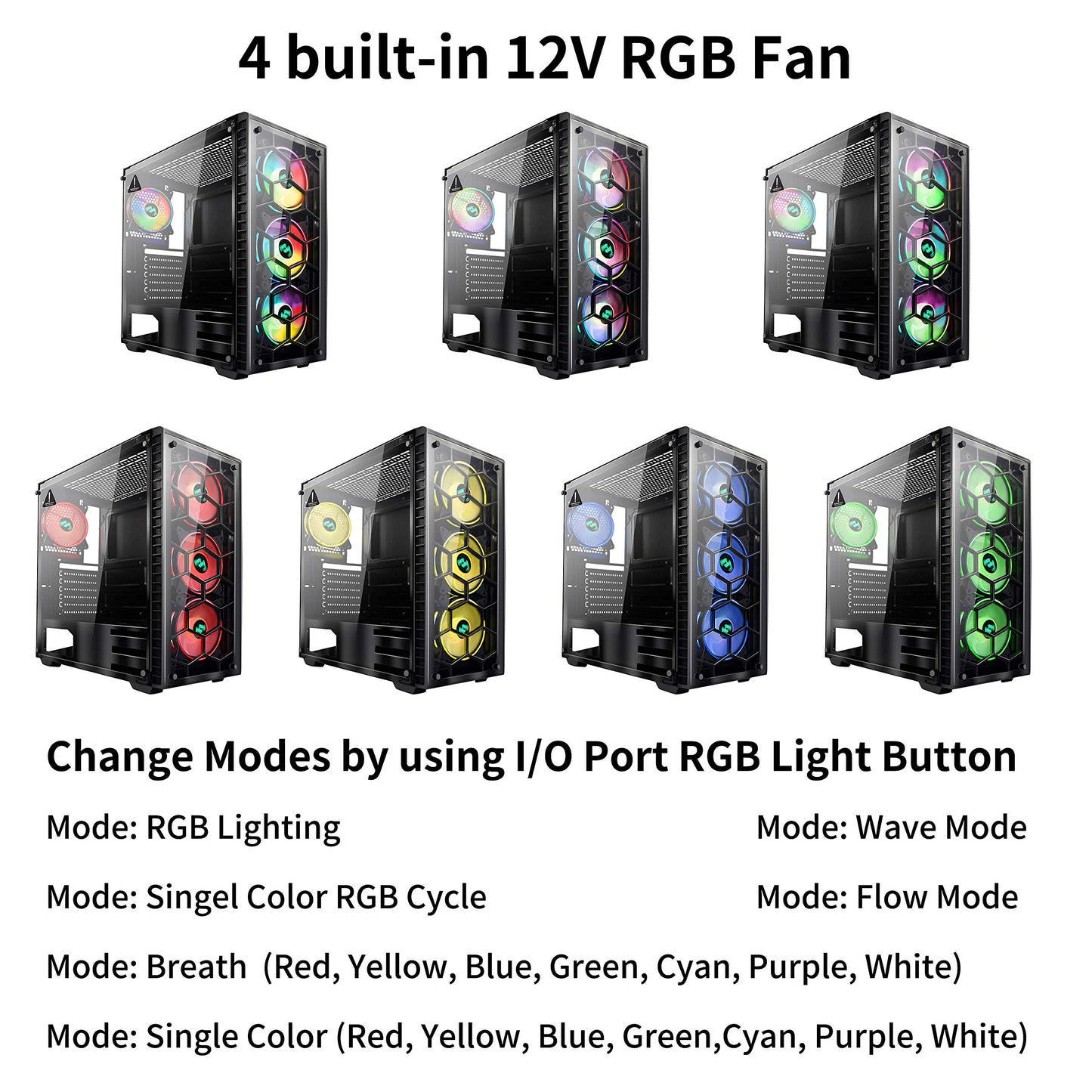 MUSETEX Mid Tower Case, ATX Case RGB LED Fans/Gaming Case PC Side Window Panel & 4 Dual Light Loop Fans Pre-Installed, Computer Case USB 3.0 Port,2 x