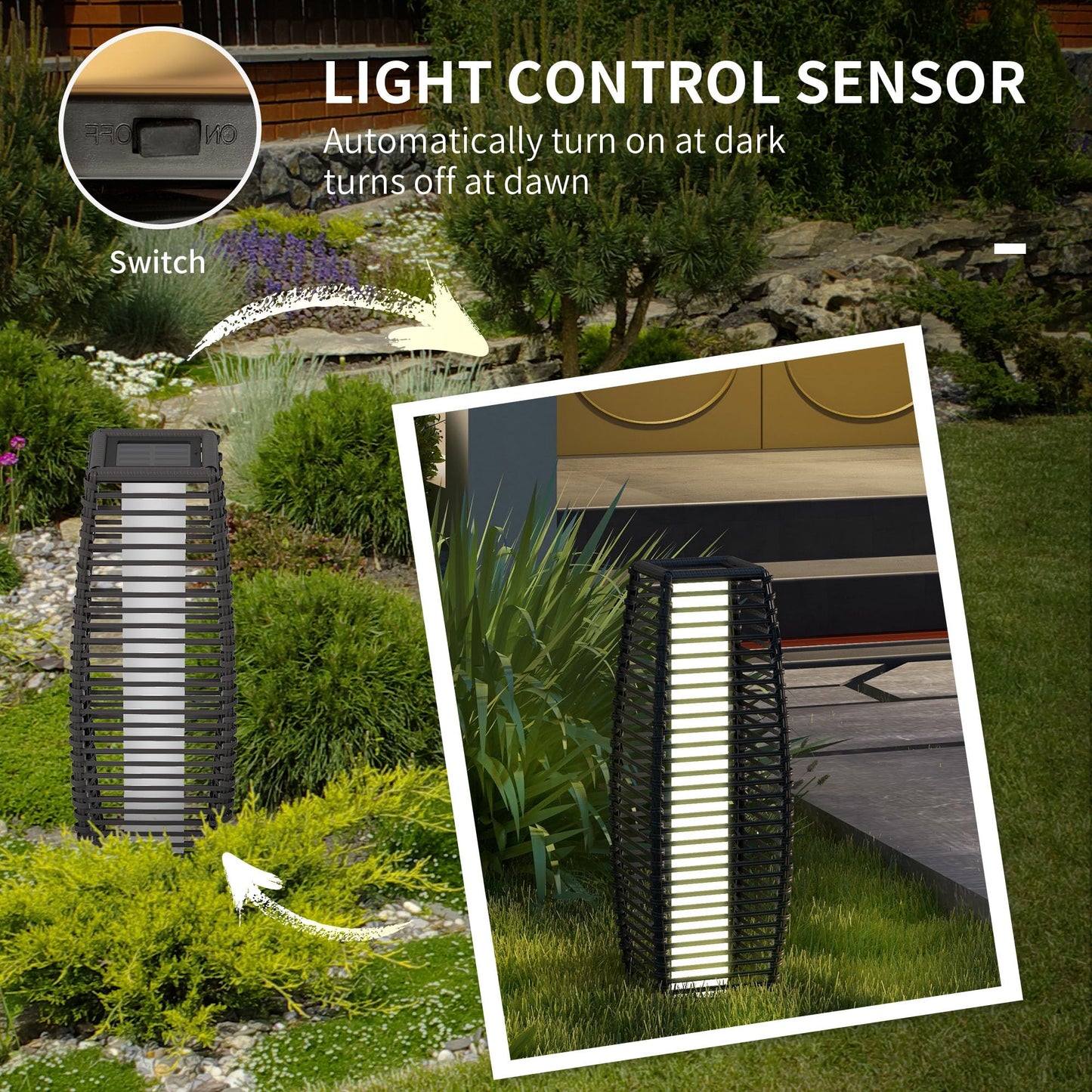 Outsunny Solar Floor Lamp, Outdoor Rattan Garden Lantern Pathway Light & Decorative Driveway Lighting with Auto On/Off LED Lights for Porch, Yard