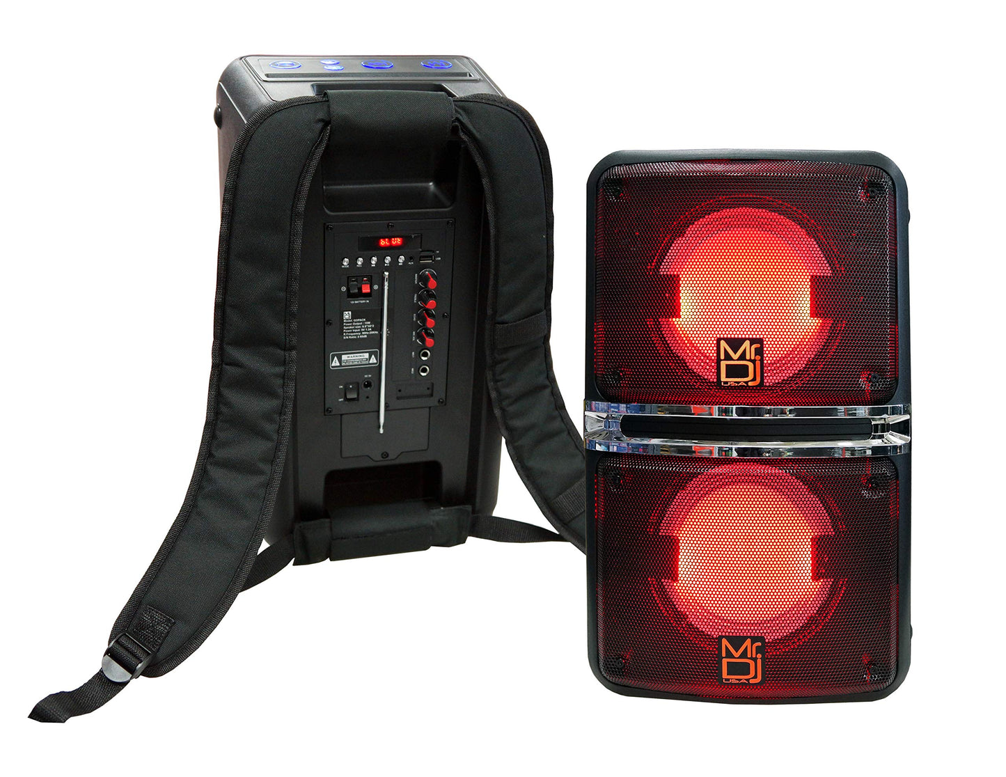 Mr. Dj GO PACK Dual 6.5" Portable Outdoor Speaker BUILT-IN Bluetooth, USB/Micro SD Card Reader, with Rechargeable Battery & LED Accent Lighting 1200W