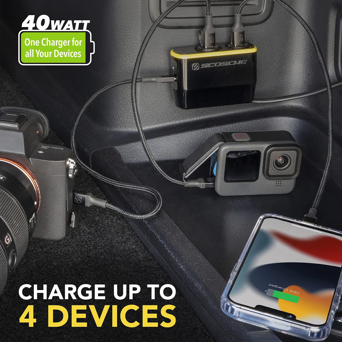 Scosche DCLSPD402SW DoubleUp Dual 12V Adapter with Dual 20W USB-C Power Delivery Charger, Add Power Ports and Double Cigarette Lighter Ports, Fast
