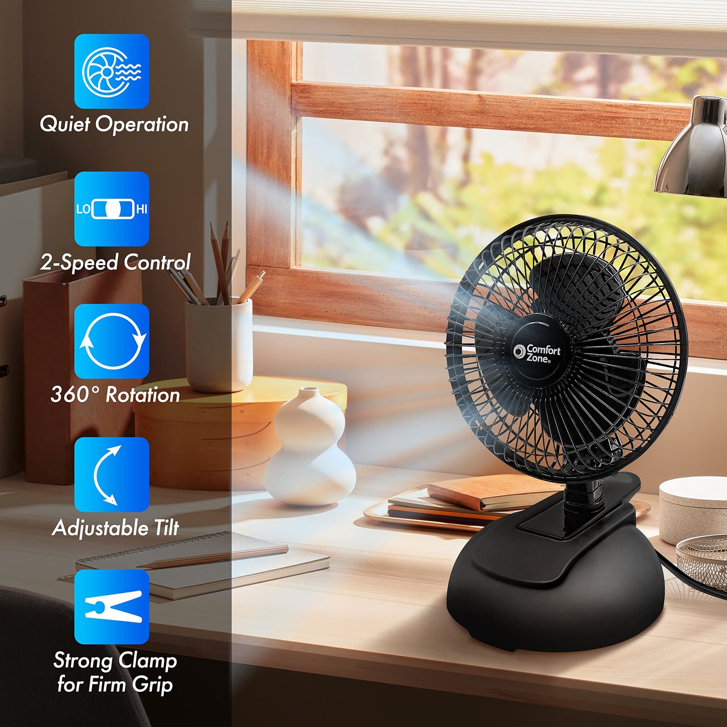 Comfort Zone CZ6XMBK 6” 2-Speed Combo Clip or Desk Fan with Removable Base, Strong Clamp for Firm Grip, Suitable for Bedroom, Office, or Dorm Room