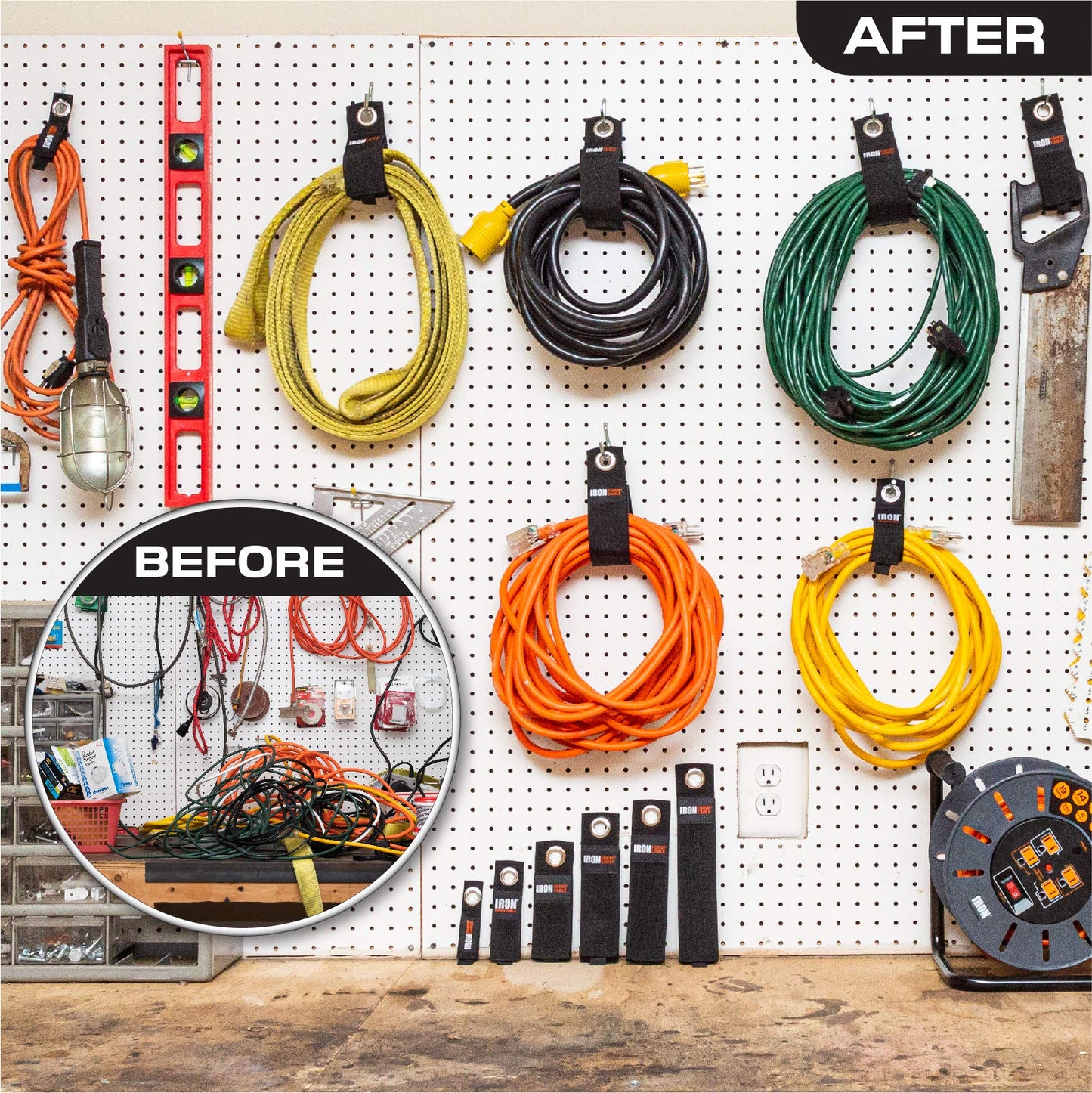Iron Forge Cable Extension Cord Wrap Organizer, 12 Piece Multi-Pack - 2 Pieces of Medium, Large, and XL Hook and Loop Hanger Wraps Up to 50 lbs
