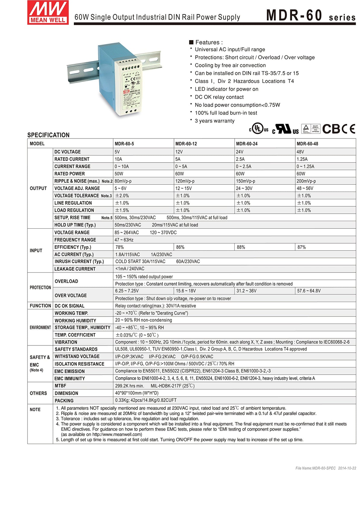Mean Well Original MDR-60-12 Single Output Industrial DIN Rail Power Supply 12V 5A 60W