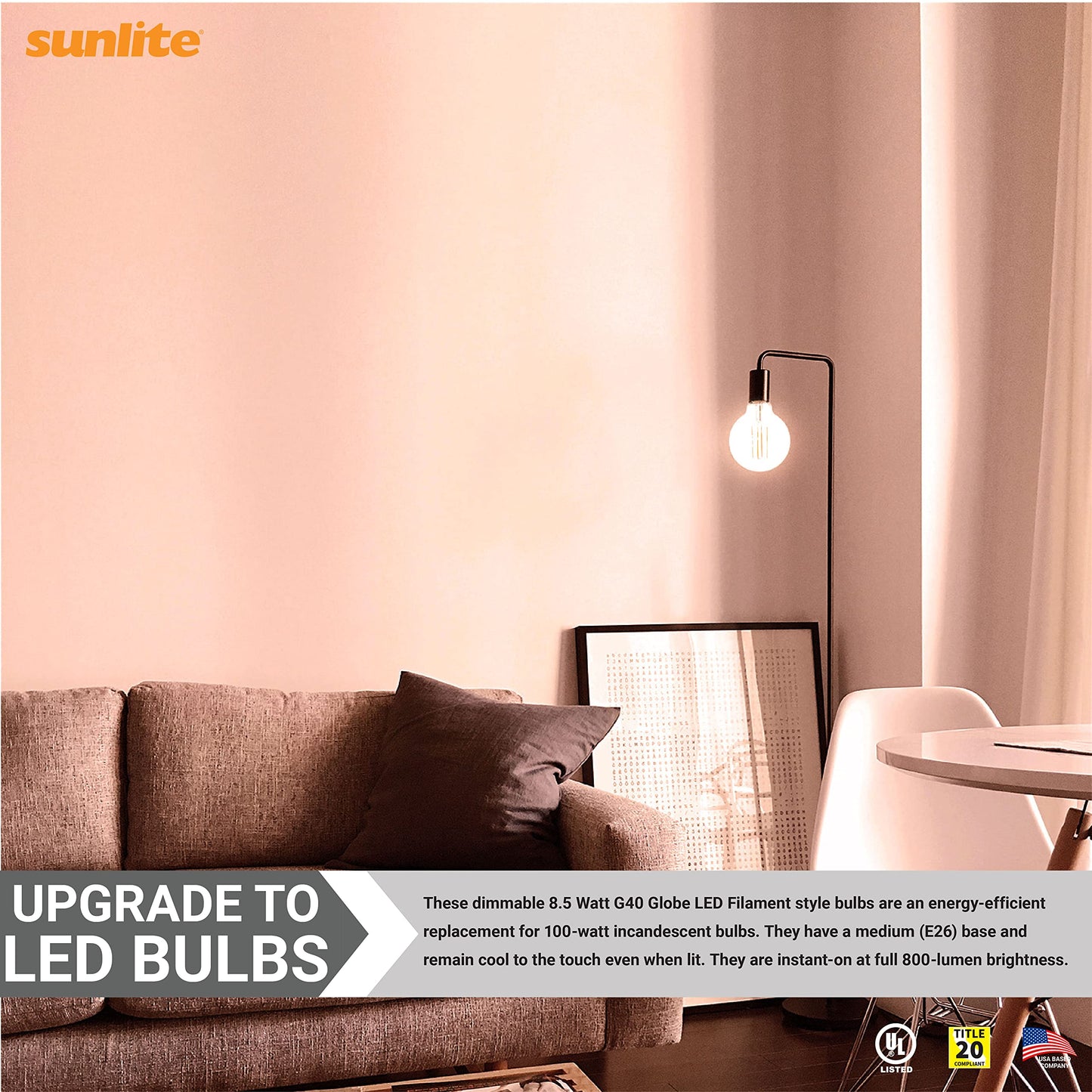 Sunlite 41698 LED G40 Edison Globe Light Bulb, 8.5 Watts (100W Equivalent), Standard E26 Base, 800 Lumens, Dimmable, Decorative Clear Glass, Antique