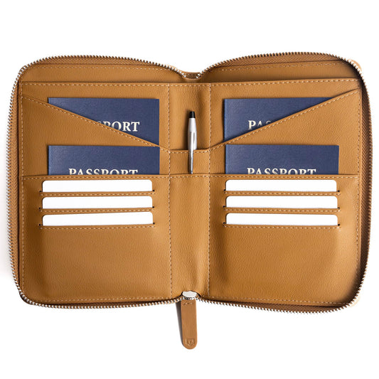 Full Grain Leather Family Passport Holder – RFID Travel Wallet & Document Organizer for 2-4 Passports, Couples & Families, Camel