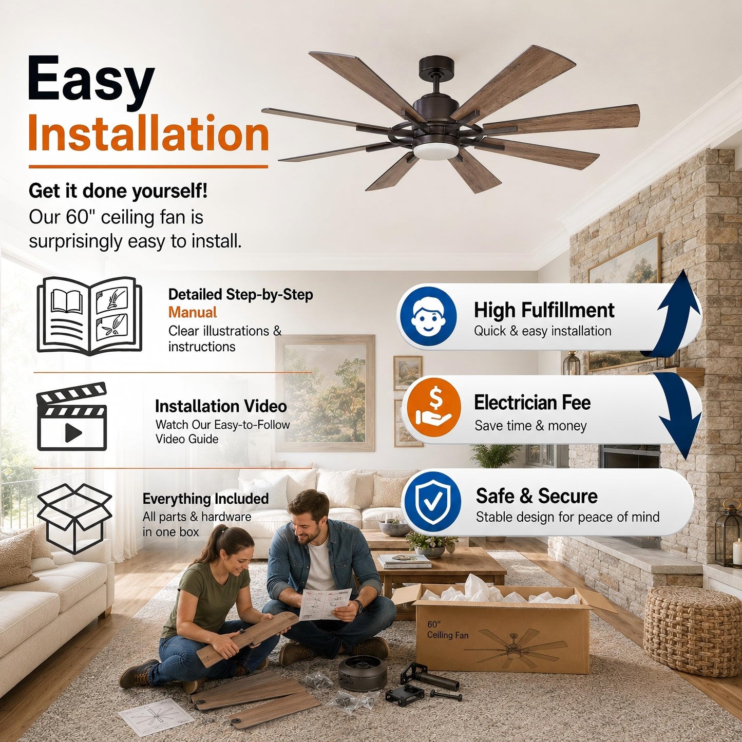 60 Inch Ceiling Fan with Light and Remote Farmhouse Windmill Chandelier Fan