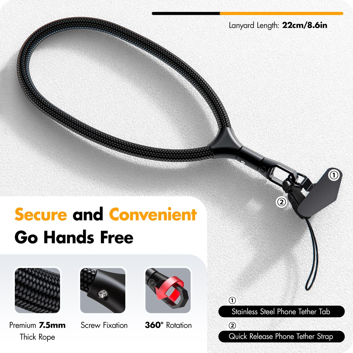 Kaptron Adjustable Phone Wrist Lanyard - Auto-Locking Phone Strap with Quick Release Phone Strap & Metal Phone Tether Tab (Black)