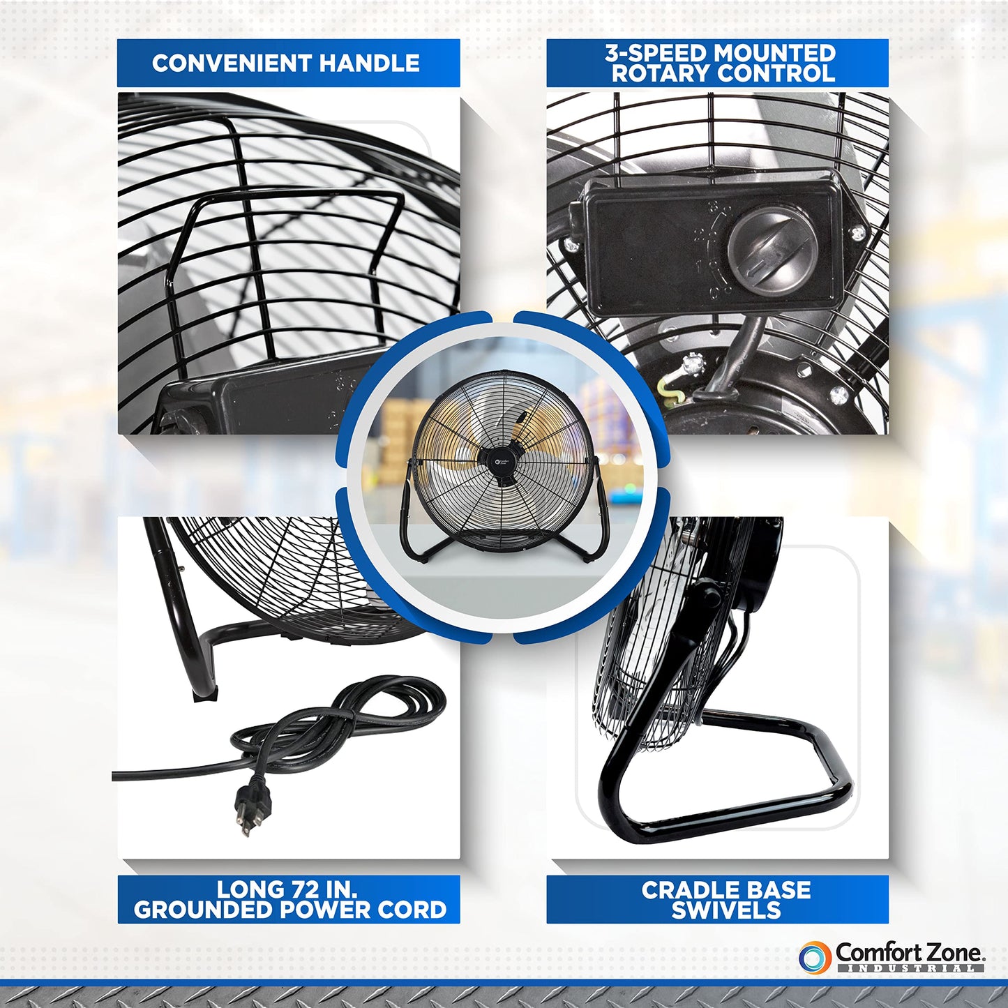 Comfort Zone Cradle Floor Fan, Electric, High-Velocity,180 Degree Adjustable Tilt, 18 inch, 3 Speed, Carry Handle, Rubber Feet, Metal, Airflow 19.36