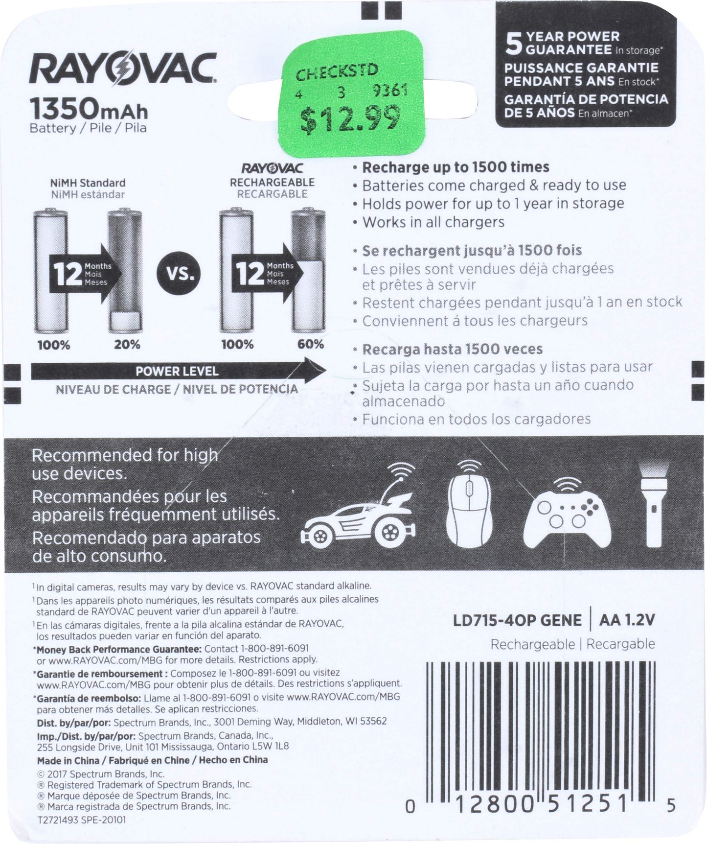 Rayovac Recharge Standard Battery - Rechargeable NiMH AA - LD715-40P GEND [PRICE is per PACK]