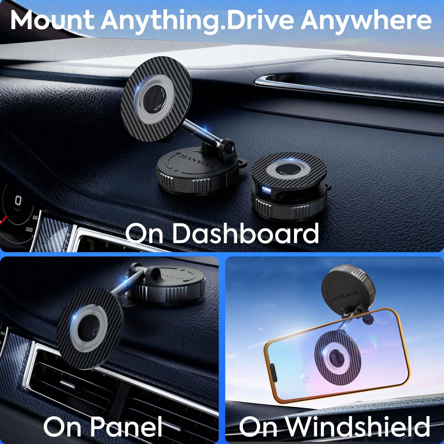 JEAN'VOUS Upgraded Magnetic Phone Holder for Car [70+ LBS Strongest Suction & 3000gf Magnetic], MagSafe Car Mount, Adjustable, 360° Dashboard Phone