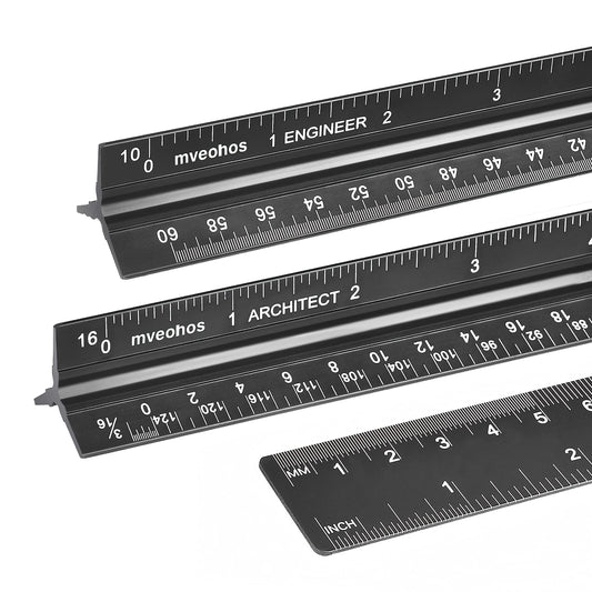 Architectural&Engineering Triangular Scale Ruler, 12 Inch Architectural Scale Ruler Set, Laser-Etched Aluminum with Stainless Steel Ruler