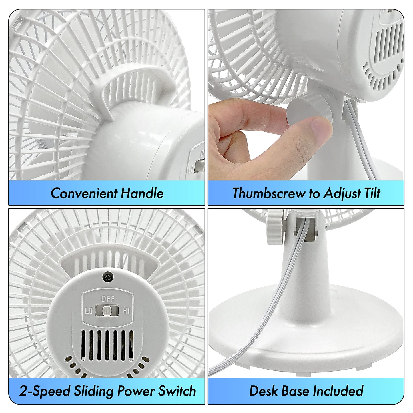 Comfort Zone CZ6D 6" Quiet Portable Indoor 2-Speed Desk Fan with Clip and Fully Adjustable Tilt in White