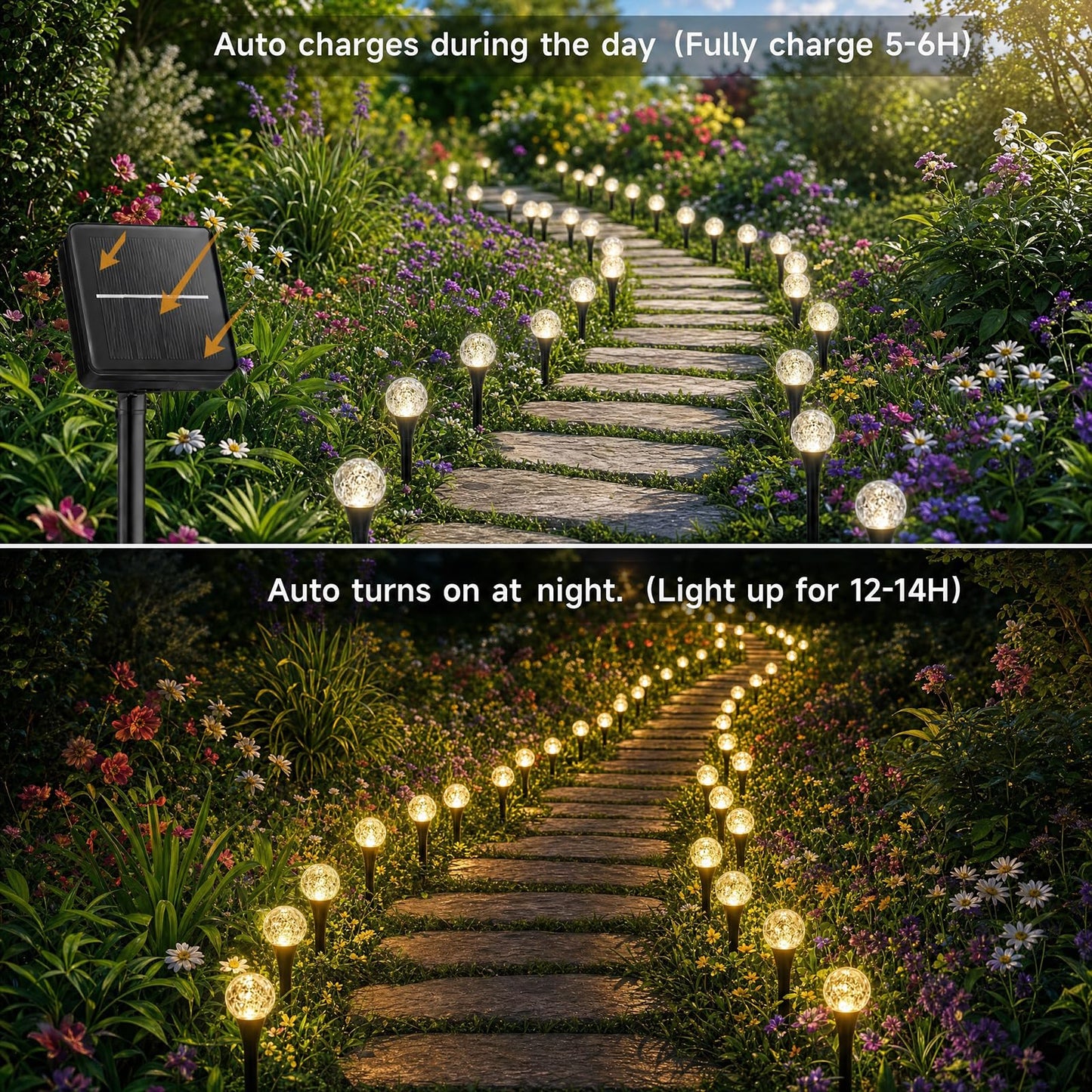 SyouHome Solar Pathway Lights Outdoor, 2-Pack 60 LED 43FT Crystal Solar Garden Lights Waterproof, 8 Modes Landscape Lighting for Yard Patio Walkway