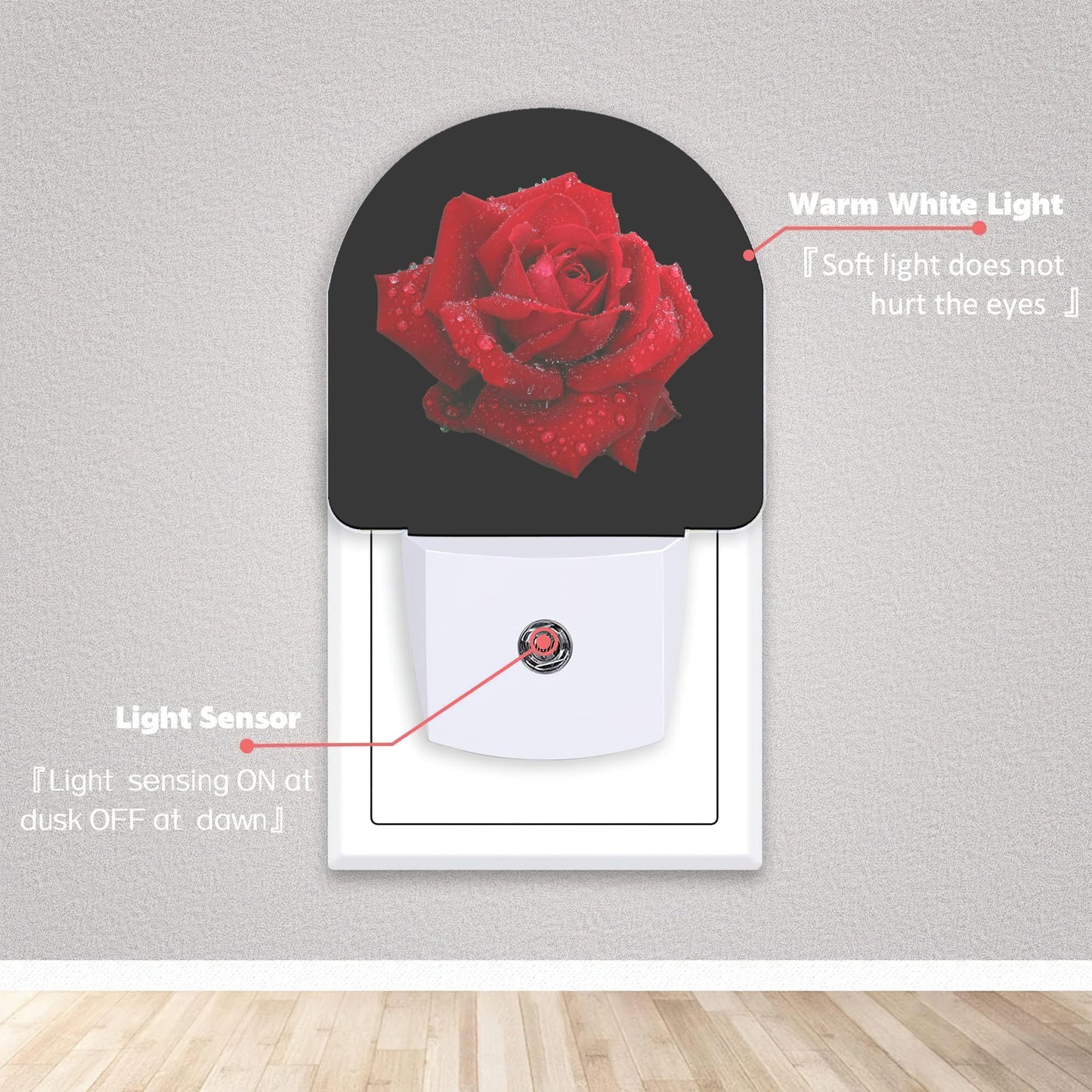 Axxitude Red Rose Raindrops Night Lights Plug into Wall for Girls Boys Room,Night Light LED Lamp Dusk to Dawn Sensor Round Lamp for Bedroom Bathroom