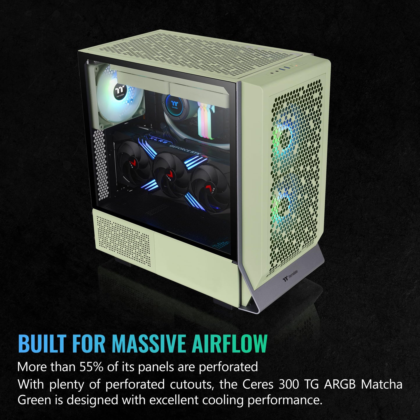 Thermaltake Ceres 300 Matcha Green Mid Tower E-ATX Computer Case with Tempered Glass Side Panel; 2xCT140 ARGB Fan Preinstalled; Rotational PCIe Slots;