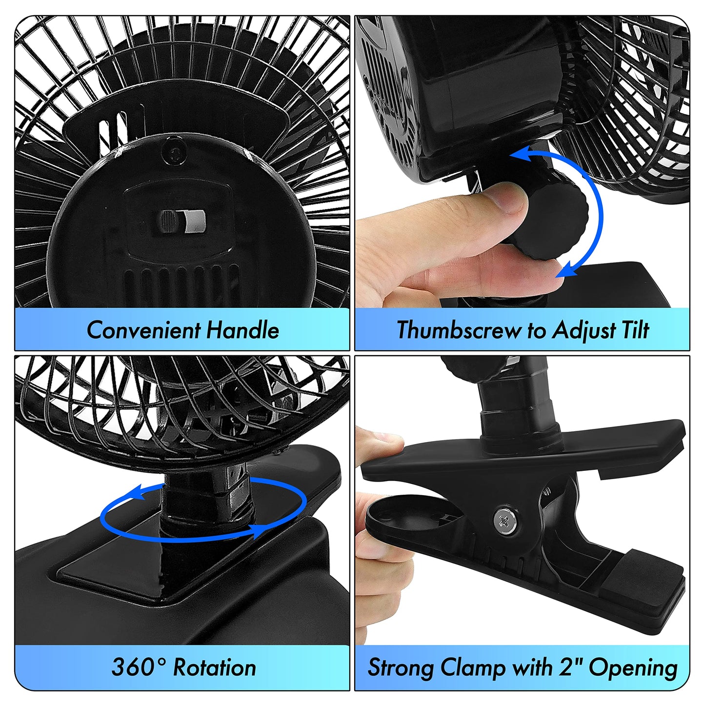 Comfort Zone CZ6XMBK 6” 2-Speed Combo Clip or Desk Fan with Removable Base, Strong Clamp for Firm Grip, Suitable for Bedroom, Office, or Dorm Room