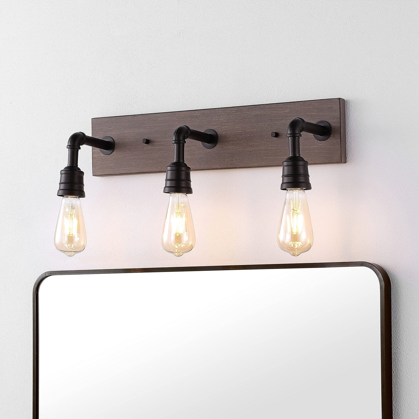 JONATHAN Y 22.13" Oil Rubbed Bronze/Brown Wood Finish 3-Light Iron and Wood Vanity Light, Rustic Farmhouse Industrial Wall Sconce for Bathroom, UL