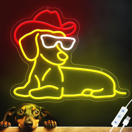 ZLOOREE Dachshund Neon Signs for Wall Decor, Dimmable Cute Dog Neon Sign with Cowboy Hat Led Signs for Bedroom Home Party Pet Shop Decor, Birthday