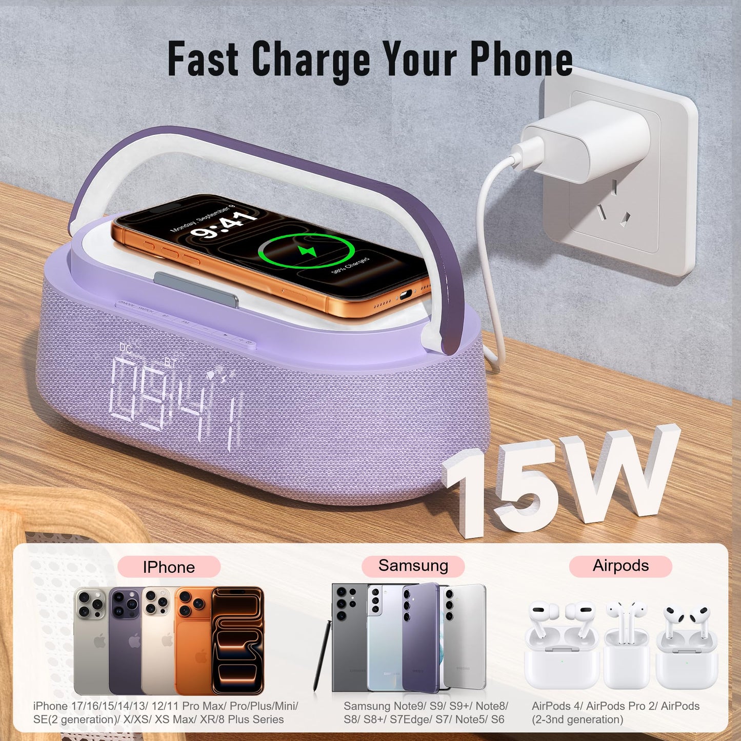 FREEFISH Bluetooth Speaker with Wireless Charger, FM Radio, Dimmer Night Light, Phone Holder, Wireless Charging Speakers for iPhone Samsung, Bedrooms