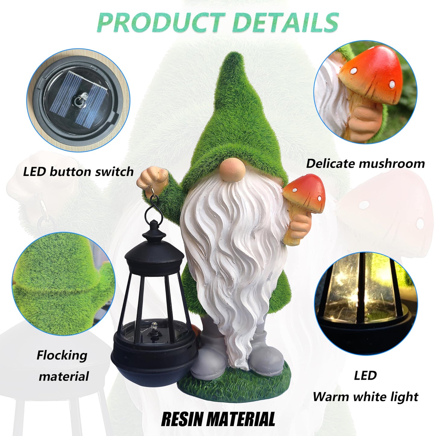 Qobumy Gnomes Solar Garden Statues,Resin Gnome Figurine Decorations Holding Mushroom and Solar Lights Lantern, Outdoor Figurines Lawn Garden Statue