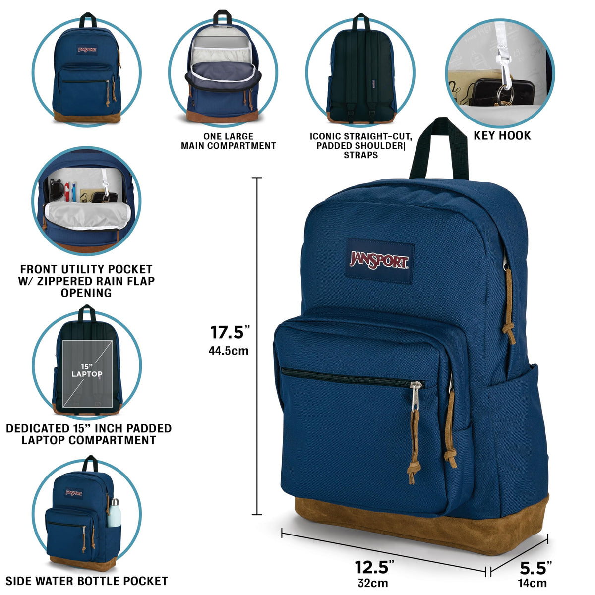 JanSport Right Pack Backpack - Durable Daypack with Padded 15 Laptop Sleeve, Spacious Main Compartment & Integrated Water Bottle Pocket - Grounded