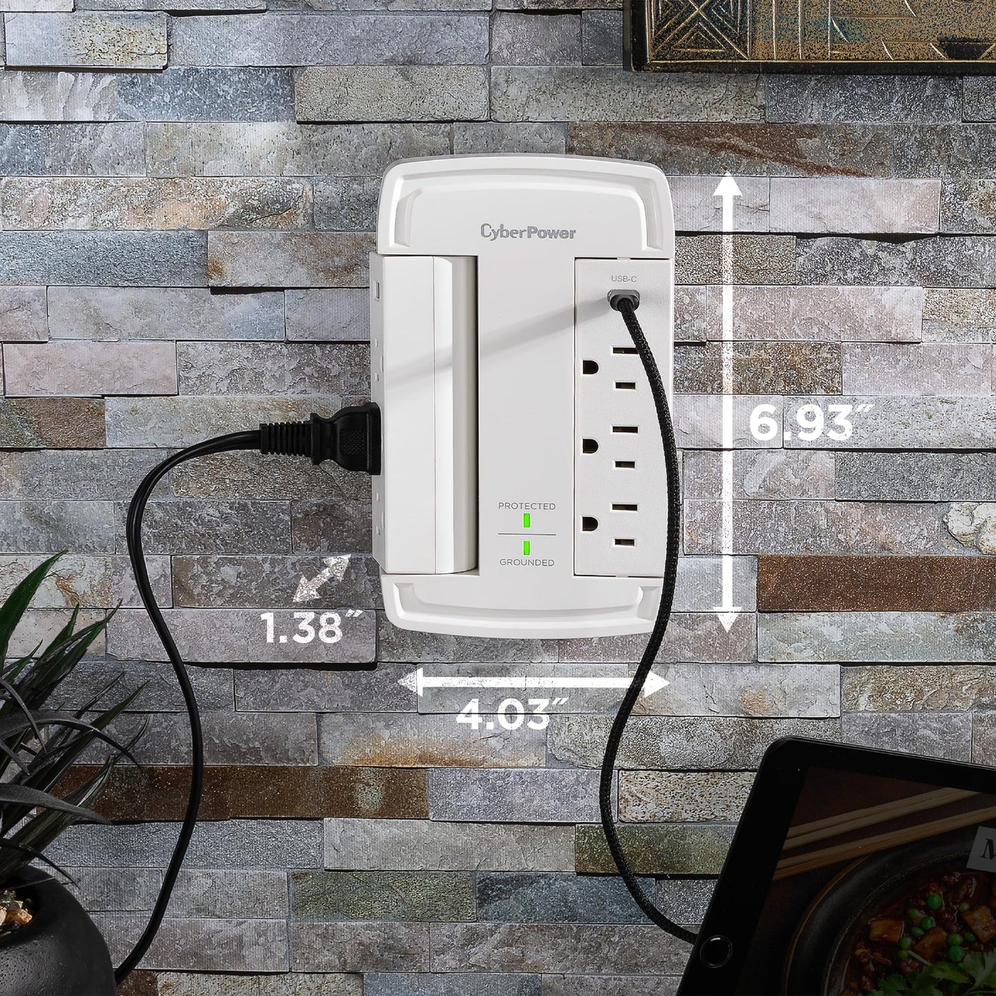 CyberPower CSP6WSUC Surge Protector, 6 Swivel Outlets, 2 USB Charging Ports, 2400J, Wall?Tap, Fast USB Charging, Home/Office