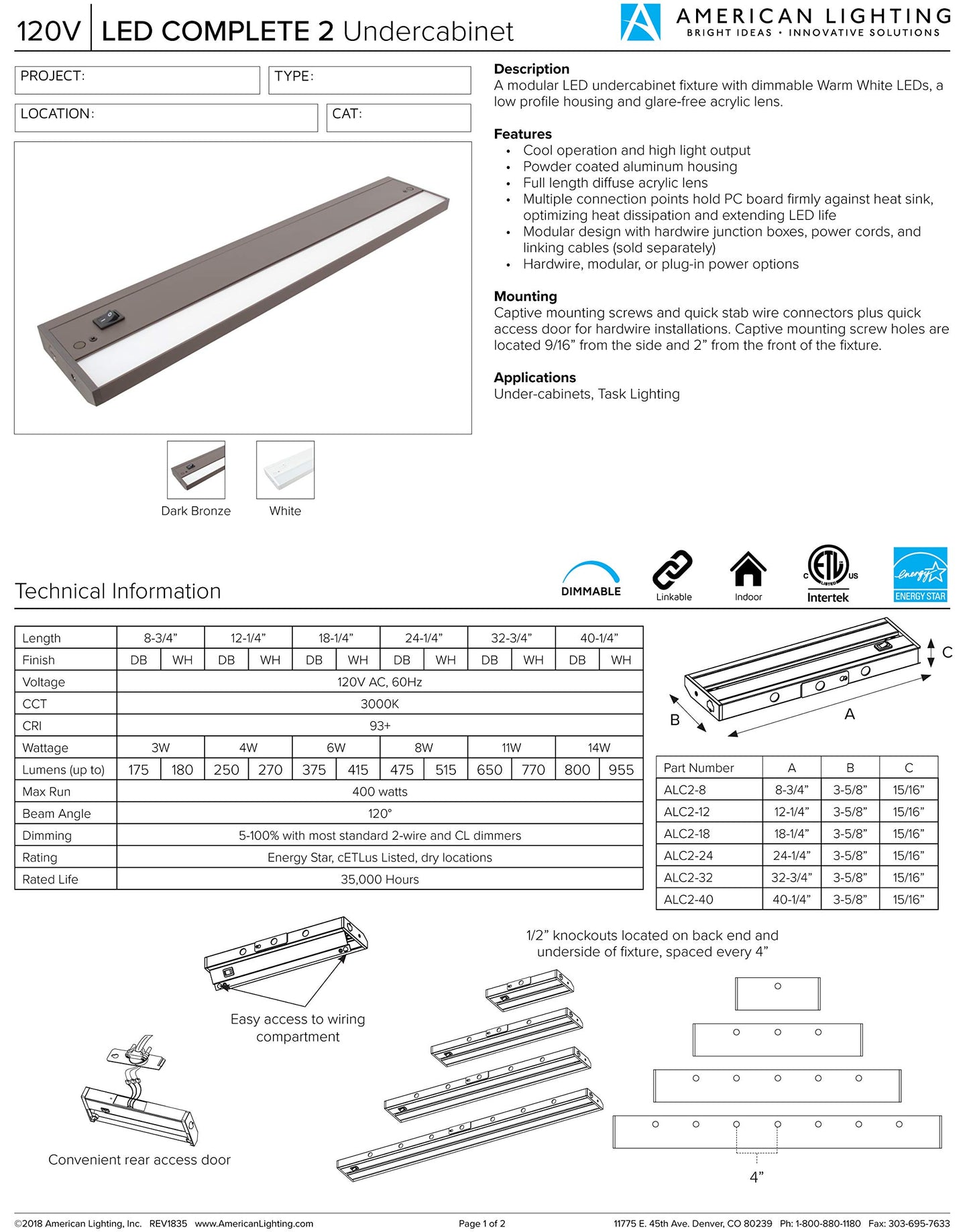 American Lighting ALC2-8-WH LED Complete 2 Under Cabinet Fixture, 120-Volt Dimmable Warm White, 8-inch, White