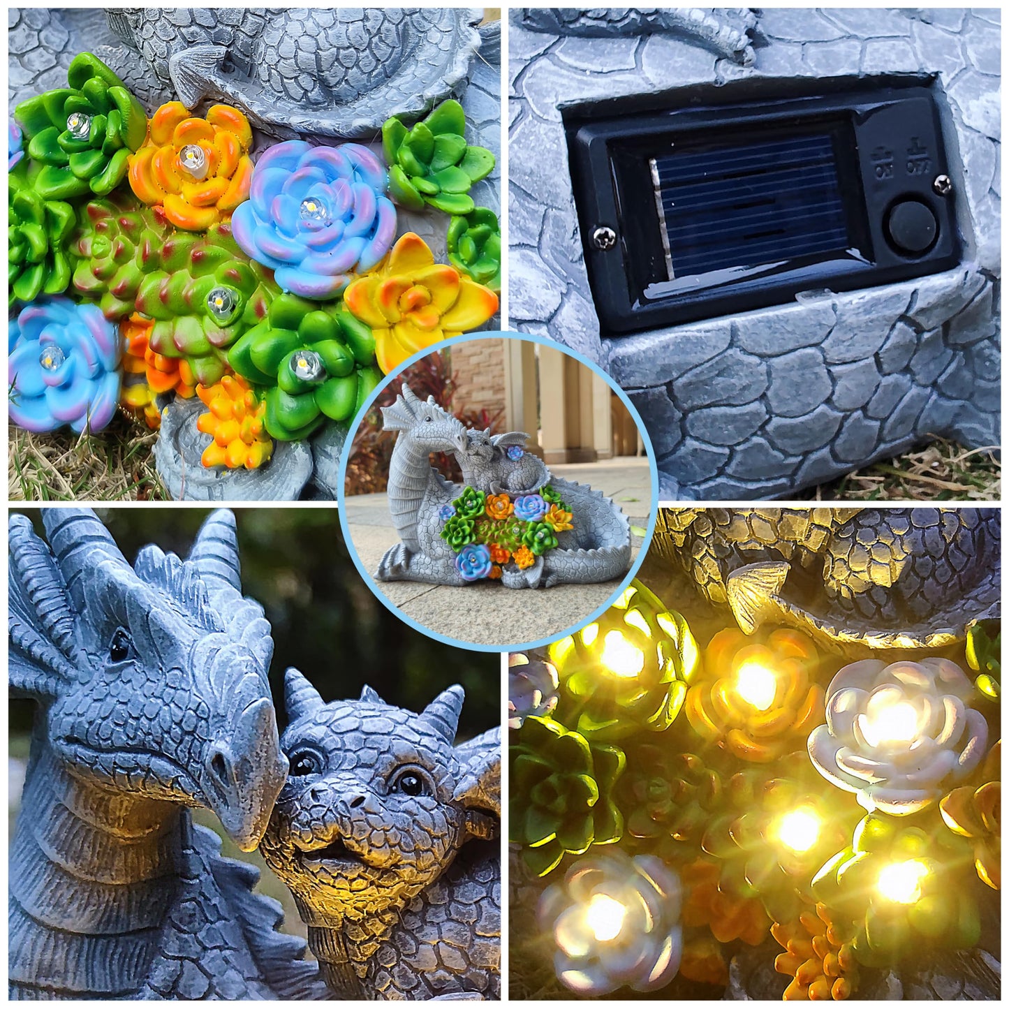 VIOYOUNS Solar Dragon Statue with LED Lights, Dargon Lover Gifts with Succulent and 6 LED Lights for Outdoor,Solar Dragon Decor for Yard, Garden