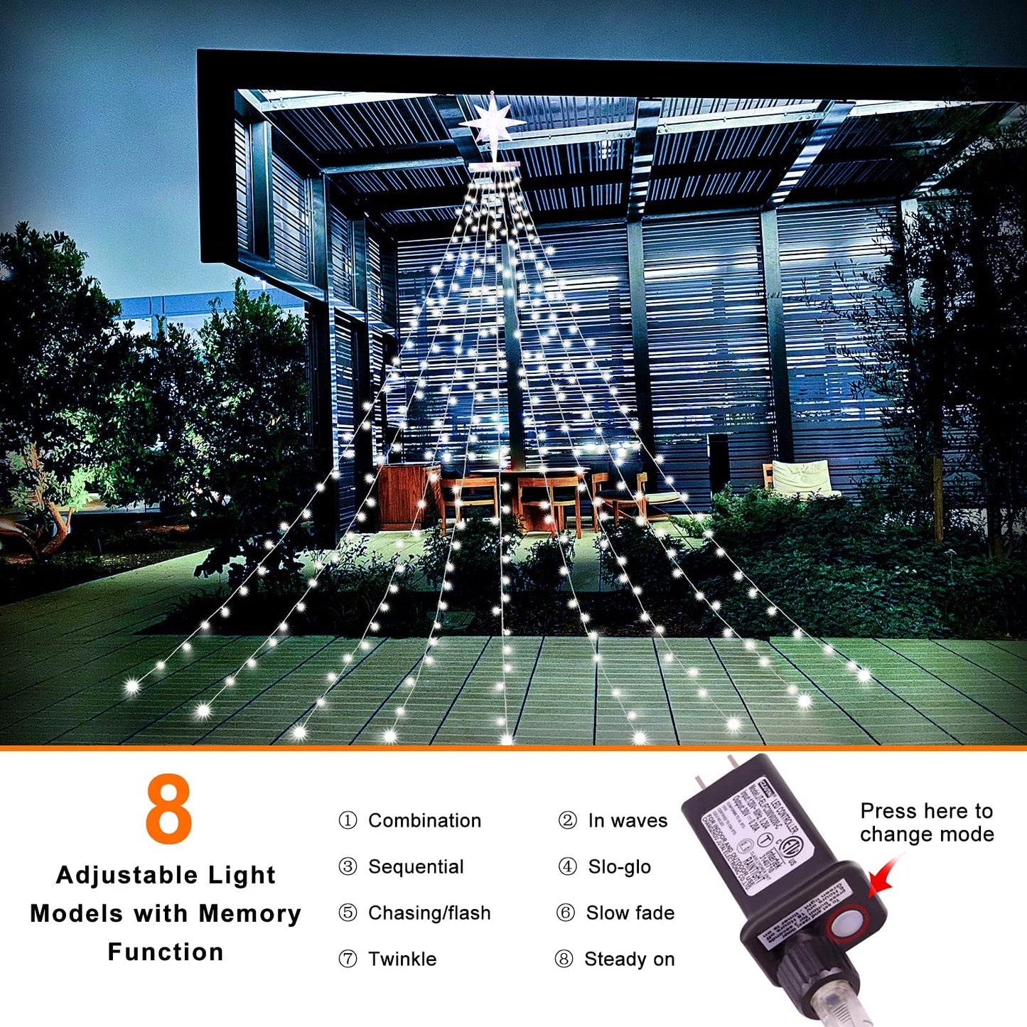 PUHONG Christmas Lights Outdoor, Christmas Decoration String Lights,16.4Ft 320 LED Tree Lights [8 Modes & Waterproof], with 11" Lighted Star