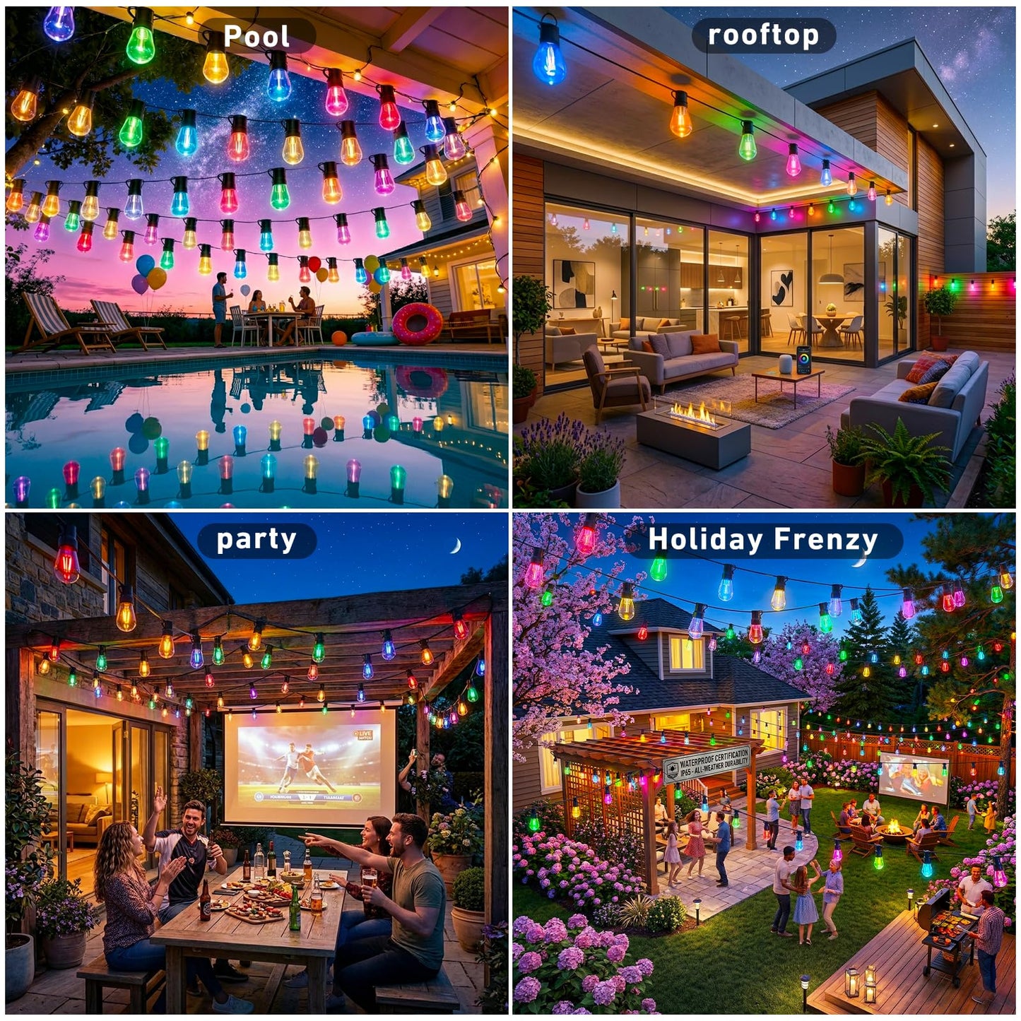 Outdoor String Lights,200FT Smart RGB+IC Patio Lights with Shatterproof LED Bulbs ,Outside Light Dimmable Patio for Decor DIY IP67 Waterproof