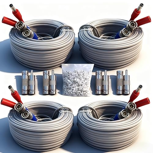 LETONDA 4PCS 100ft/30m Integrated BNC Video Power Cable ext. for Security Cameras, CCTV, Surveillance & DVR installs. Free 8×BNC connectors + 100 Wire