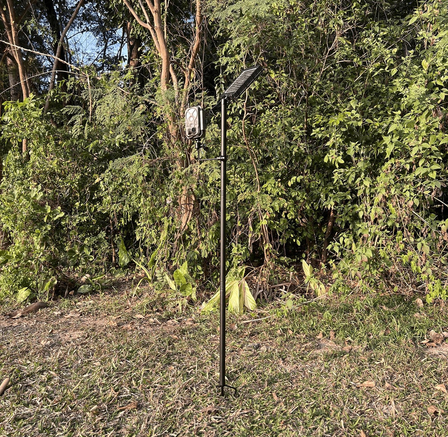 Xtellar 56'' Heavy Duty Trail Camera Mount with Solar Panel Arm - 2-in-1 Adjustable Steel Ground Stake, 360° Swivel Mounts, 3-Spike Base