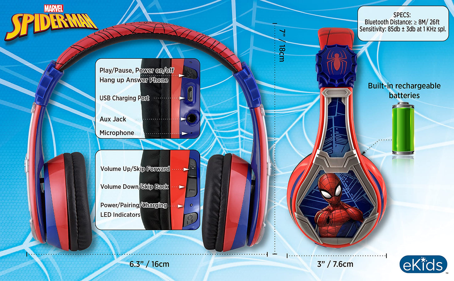 eKids Spiderman Wireless Bluetooth Portable Headphones with Microphone, Volume Reduced to Protect Hearing Rechargeable Battery, Adjustable Kids…