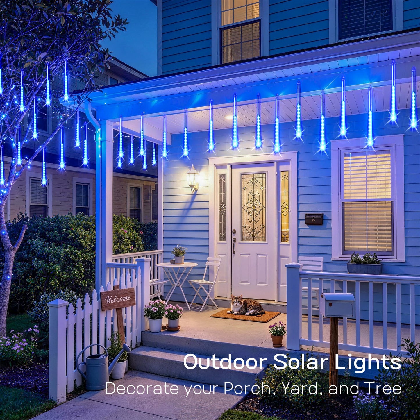JMEXSUSS Solar Lights for Outdoor Decor, 8 Tube 144 LEDs Solar Meteor Shower Lights Outdoor, Hanging Blue Christmas Lights for Tree Yard Icicle Garden