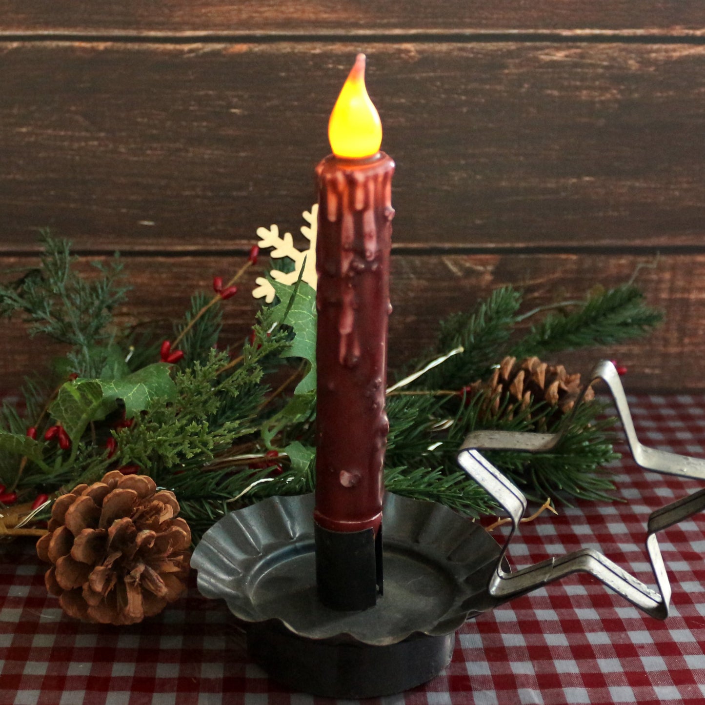 CVHOMEDECO. Real Wax Hand Dipped Battery Operated LED Timer Taper Candles Country Primitive Flameless Lights Décor, 6-3/4 Inch, Burgundy, 2 PCS in a