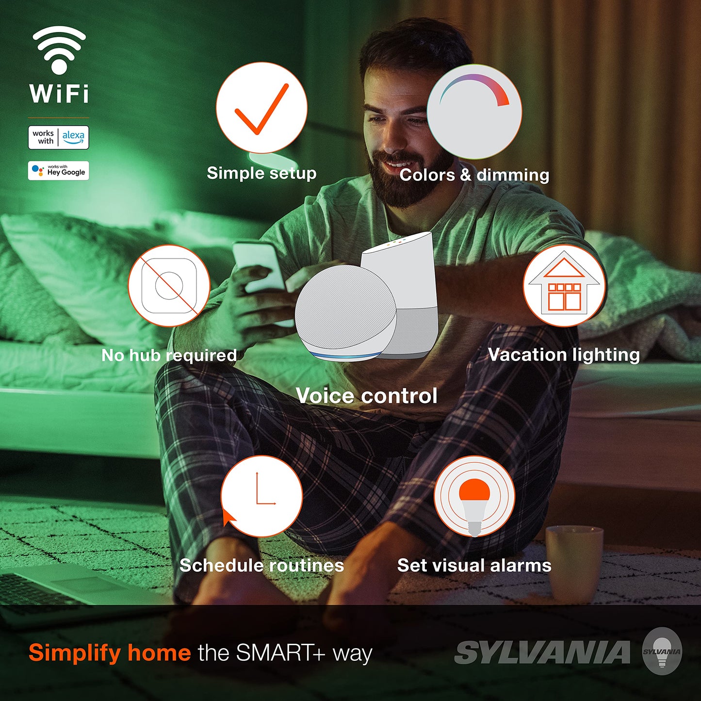 SYLVANIA Wifi LED Smart Light Bulb, 60W Equivalent Full Color and Tunable White A19, Dimmable, Compatible with Alexa and Google Home Only - 4 Pack